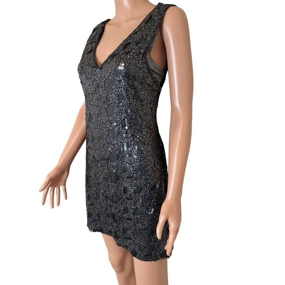 Express Dark silver sequined sleeveless mini dress gun metal V-neck A-line SZ M - Picture 3 of 8